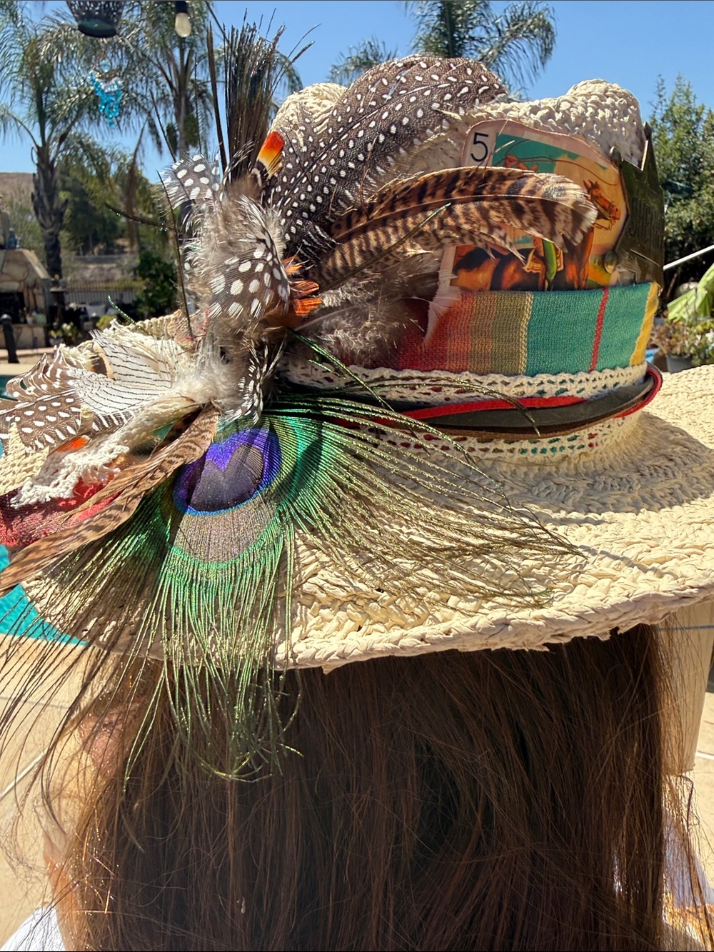 Custom straw cowboy hat w Peacock,feathers leather ,vintage cloth, card sheriff - Picture 5 of 17